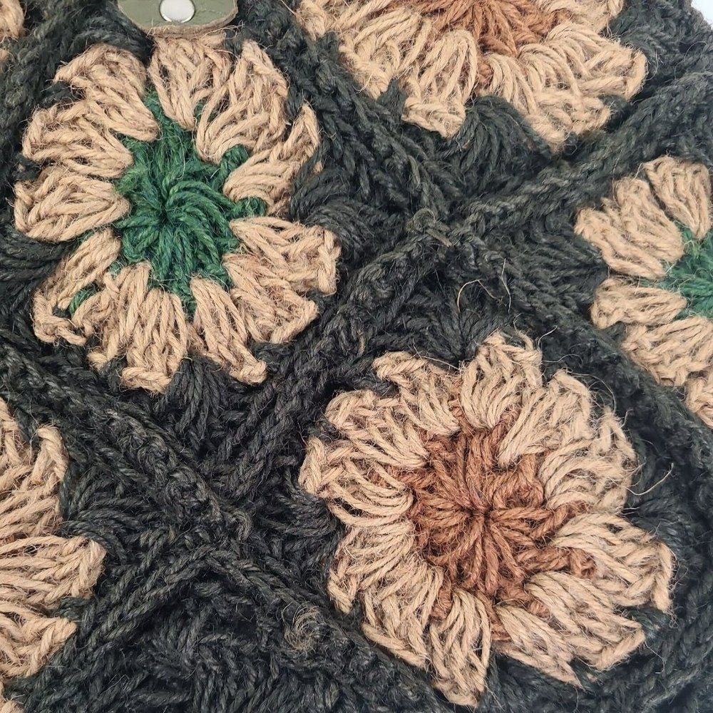 Jute Floral Crochet Handbag Purse Tote Boho Flowers Patchwork Wood Handle Bag - Picture 5 of 14